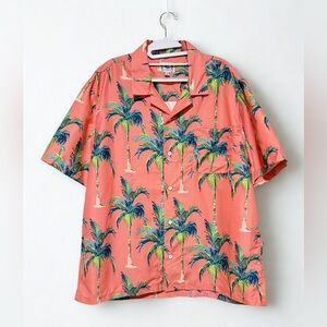 FREE PLANET Men’s Coral Pink Palm Tree Print Short Sleeve Button-Down Shirt XL